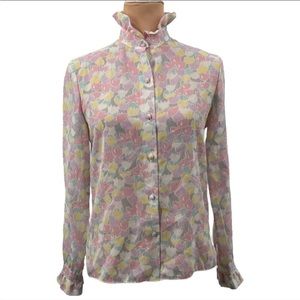 Vintage 80s Prophecy Tulip Ruffle Blouse Slightly Sheer Pastel Grey Size 6